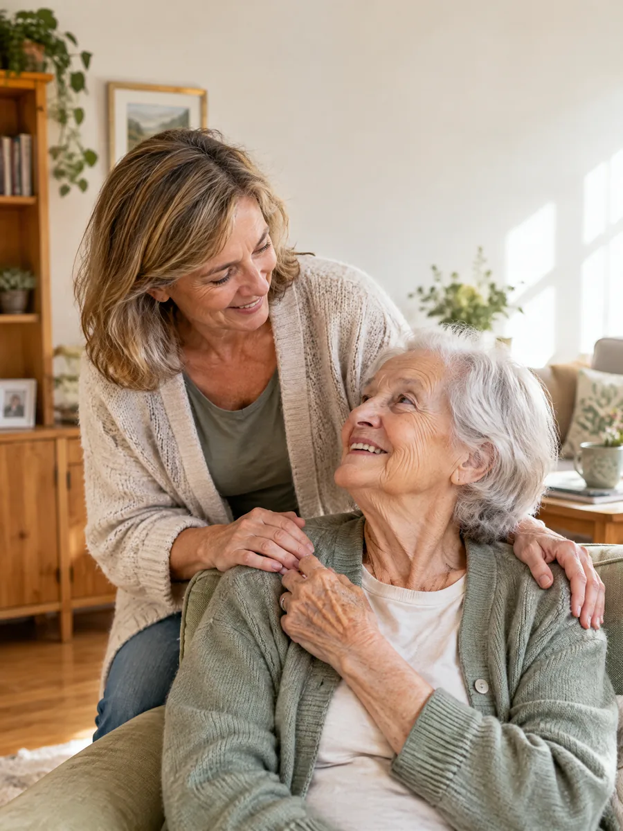 Betreuungskraft und Seniorin in einer warmen Wohnumgebung